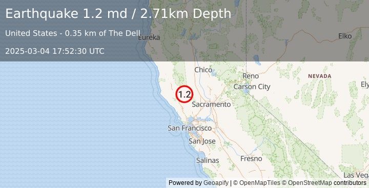 Earthquake 3 km WNW of Lower Lake, CA (1.2 md) (2025-03-04 17:52:30 UTC)