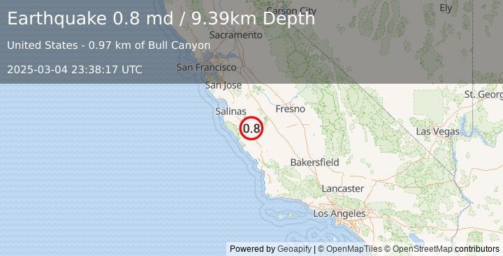 Earthquake 12 km E of King City, CA (0.8 md) (2025-03-04 23:38:17 UTC)