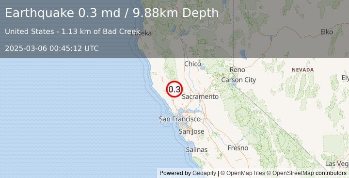 Earthquake 6 km E of Cobb, CA (0.3 md) (2025-03-06 00:45:12 UTC)