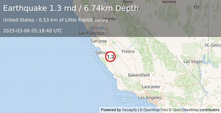 Earthquake 13 km SSE of Pinnacles, CA (1.3 md) (2025-03-06 05:18:40 UTC)