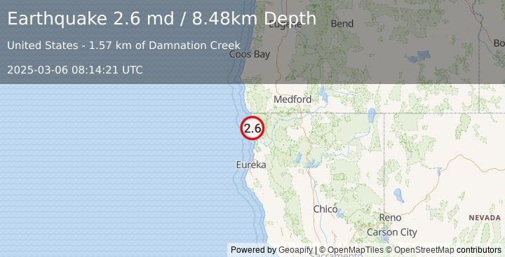 Earthquake 13 km S of Bertsch-Oceanview, CA (2.6 md) (2025-03-06 08:14:21 UTC)