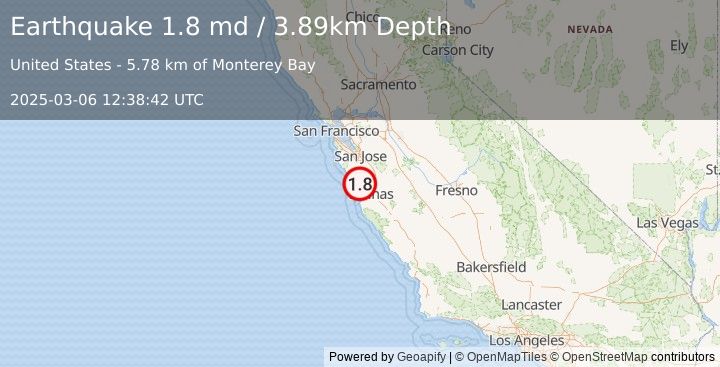 Earthquake 10 km SSW of La Selva Beach, CA (1.8 md) (2025-03-06 12:38:42 UTC)