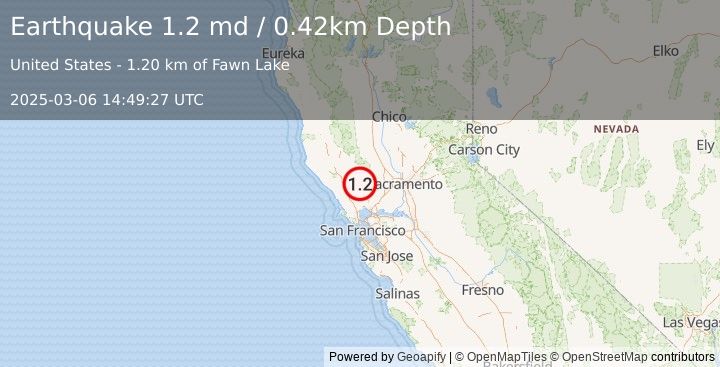 Earthquake 3 km WNW of Angwin, CA (1.2 md) (2025-03-06 14:49:27 UTC)