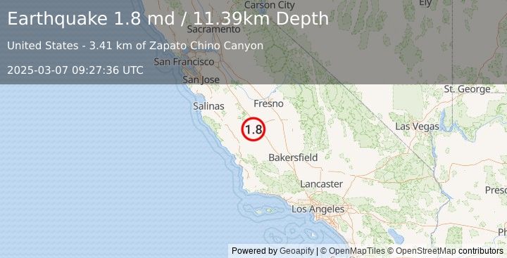 Earthquake 11 km SE of Coalinga, CA (1.8 md) (2025-03-07 09:27:36 UTC)