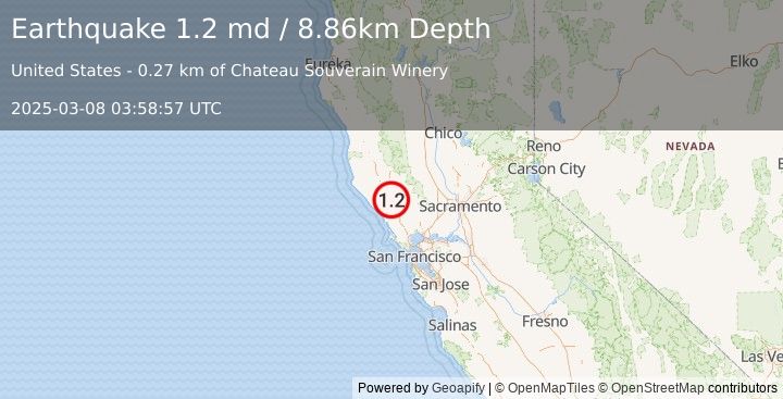 Earthquake 8 km N of Healdsburg, CA (1.2 md) (2025-03-08 03:58:57 UTC)