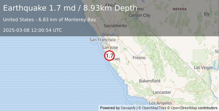 Earthquake 10 km SW of La Selva Beach, CA (1.7 md) (2025-03-08 12:00:54 UTC)