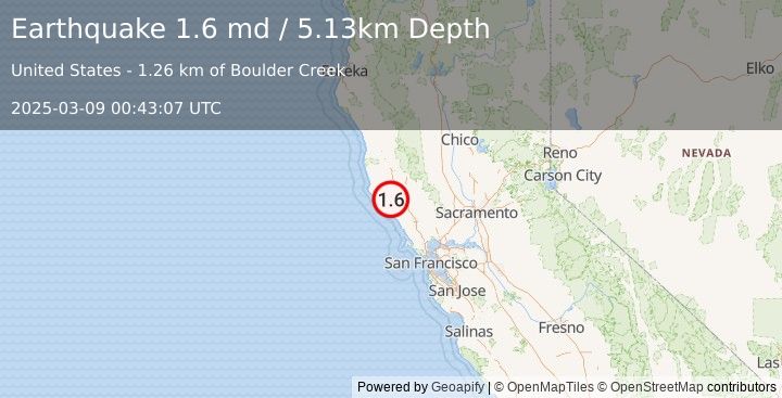 Earthquake 19 km W of Cloverdale, CA (1.6 md) (2025-03-09 00:43:07 UTC)