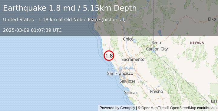 Earthquake 19 km W of Cloverdale, CA (1.8 md) (2025-03-09 01:07:39 UTC)