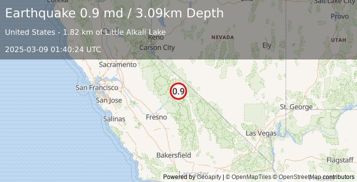 Earthquake 15 km NW of Toms Place, CA (0.9 md) (2025-03-09 01:40:24 UTC)