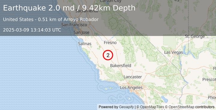 Earthquake 2 km SE of Kettleman City, CA (2.0 md) (2025-03-09 13:14:03 UTC)