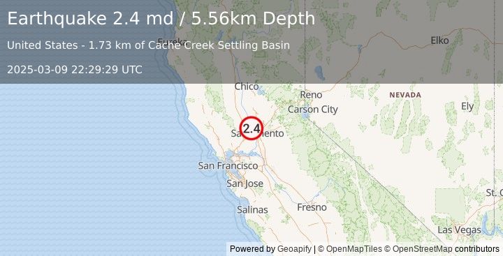 Earthquake 8 km E of Woodland, CA (2.4 md) (2025-03-09 22:29:29 UTC)