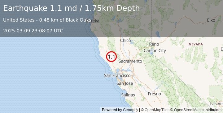 Earthquake 9 km NNW of The Geysers, CA (1.1 md) (2025-03-09 23:08:07 UTC)