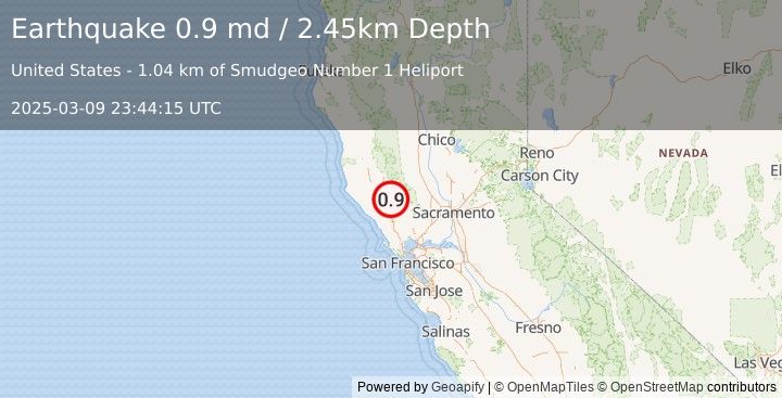 Earthquake 2 km  of The Geysers, CA (0.9 md) (2025-03-09 23:44:15 UTC)