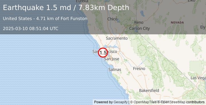 Earthquake 5 km WSW of San Francisco Zoo, CA (1.5 md) (2025-03-10 08:51:04 UTC)