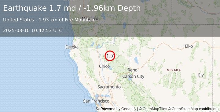 Earthquake 14 km SE of Mineral, CA (1.7 md) (2025-03-10 10:42:53 UTC)