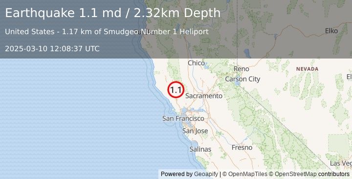 Earthquake 2 km NNE of The Geysers, CA (1.1 md) (2025-03-10 12:08:37 UTC)