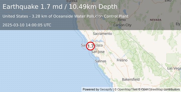 Earthquake 4 km W of San Francisco Zoo, CA (1.7 md) (2025-03-10 14:00:05 UTC)