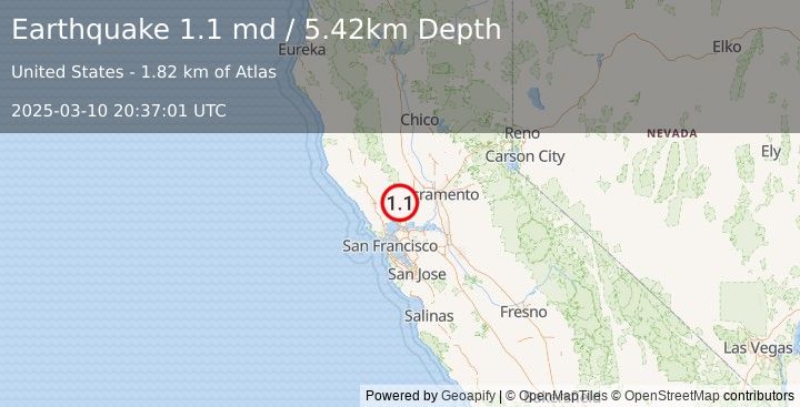 Earthquake 12 km E of Yountville, CA (1.1 md) (2025-03-10 20:37:01 UTC)