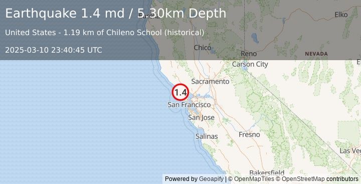 Earthquake 10 km SE of Tomales, CA (1.4 md) (2025-03-10 23:40:45 UTC)