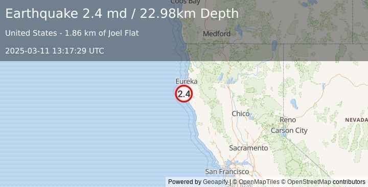 Earthquake 7 km NNE of Petrolia, CA (2.4 md) (2025-03-11 13:17:29 UTC)