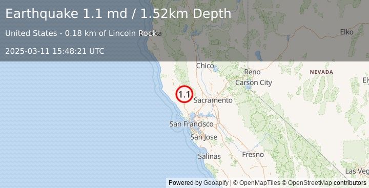 Earthquake 3 km WNW of Anderson Springs, CA (1.1 md) (2025-03-11 15:48:21 UTC)