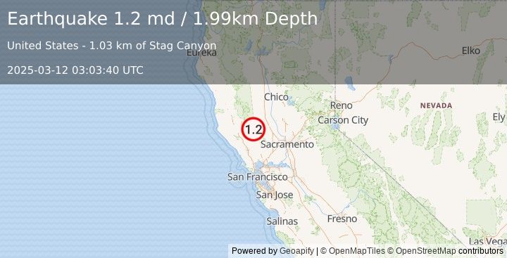 Earthquake 7 km ENE of Lower Lake, CA (1.2 md) (2025-03-12 03:03:40 UTC)