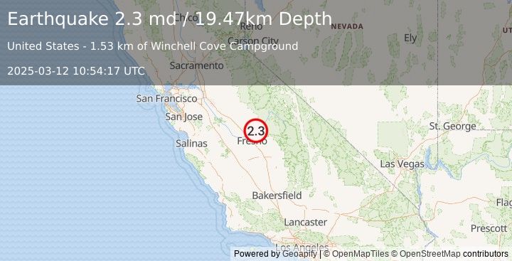 Earthquake 5 km E of Friant, CA (2.3 md) (2025-03-12 10:54:17 UTC)