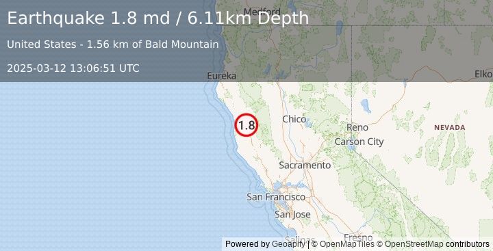 Earthquake 13 km NNE of Brooktrails, CA (1.8 md) (2025-03-12 13:06:51 UTC)