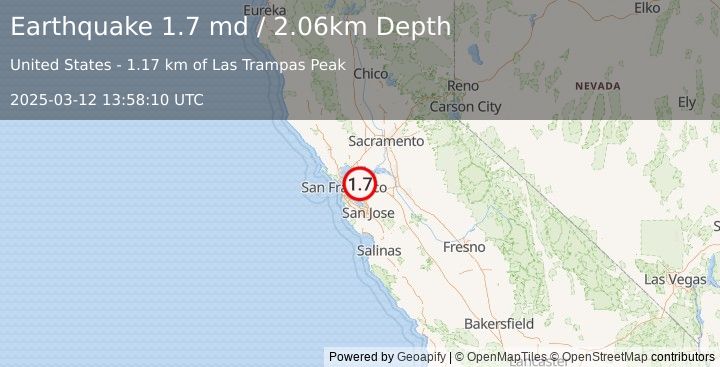 Earthquake 4 km W of Alamo, CA (1.7 md) (2025-03-12 13:58:10 UTC)