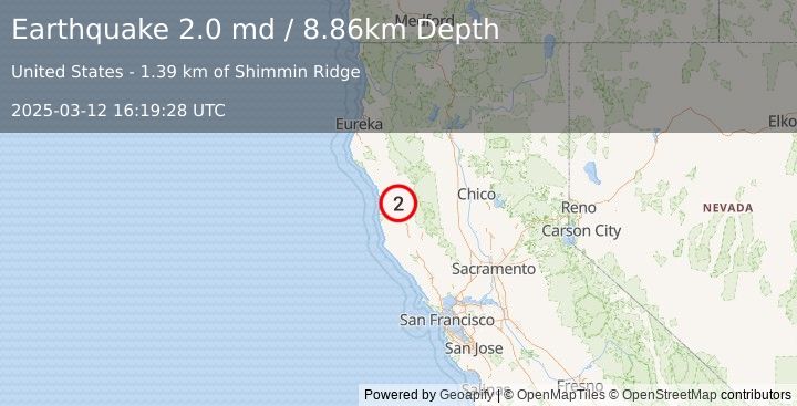 Earthquake 14 km SSE of Laytonville, CA (2.0 md) (2025-03-12 16:19:28 UTC)