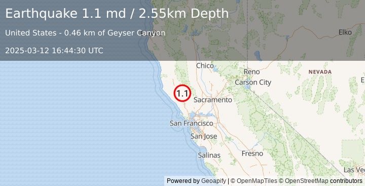 Earthquake 6 km NW of The Geysers, CA (1.1 md) (2025-03-12 16:44:30 UTC)