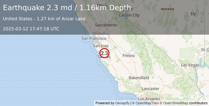 Earthquake 2 km E of Aromas, CA (2.3 md) (2025-03-12 17:47:18 UTC)