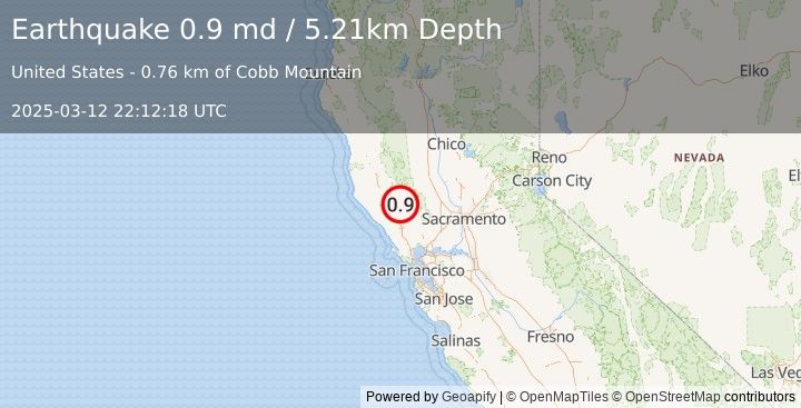 Earthquake 3 km NNE of The Geysers, CA (0.9 md) (2025-03-12 22:12:18 UTC)