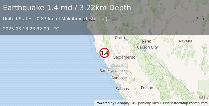 Earthquake 2 km NE of Cloverdale, CA (1.4 md) (2025-03-13 23:32:09 UTC)