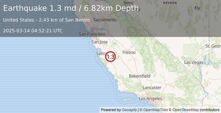 Earthquake 5 km SSE of Pinnacles, CA (1.3 md) (2025-03-14 04:52:21 UTC)