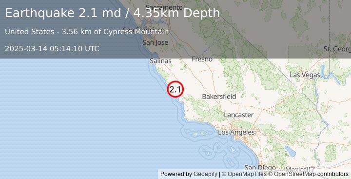 Earthquake 11 km ENE of Cambria, CA (2.1 md) (2025-03-14 05:14:10 UTC)