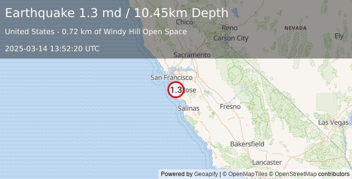 Earthquake 5 km S of Portola Valley, CA (1.3 md) (2025-03-14 13:52:20 UTC)