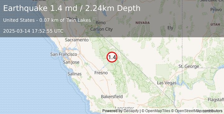 Earthquake 3 km WSW of Mammoth Lakes, CA (1.4 md) (2025-03-14 17:52:55 UTC)