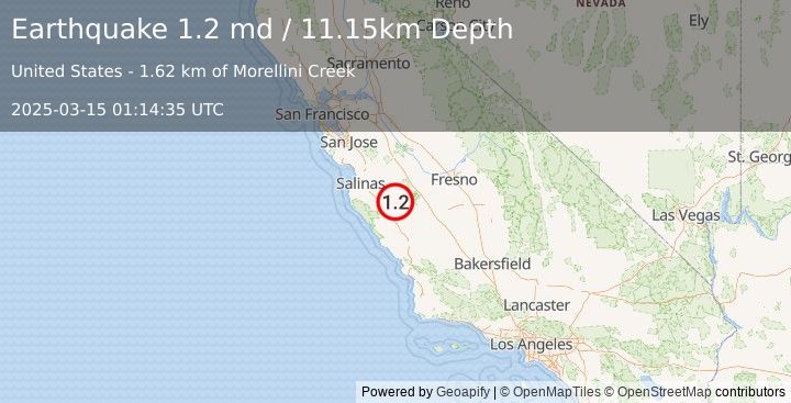 Earthquake 24 km SSE of Pinnacles, CA (1.2 md) (2025-03-15 01:14:35 UTC)