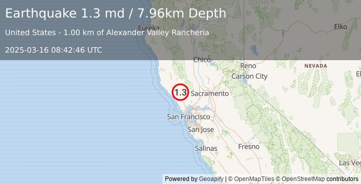 Earthquake 8 km E of Healdsburg, CA (1.3 md) (2025-03-16 08:42:46 UTC)