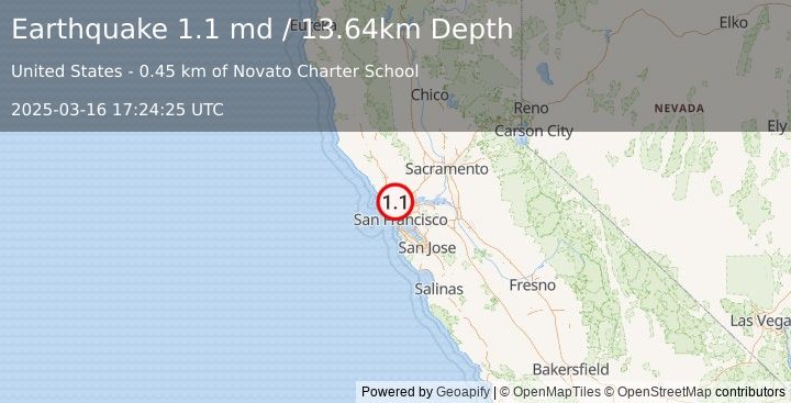 Earthquake 5 km ENE of Lucas Valley-Marinwood, CA (1.1 md) (2025-03-16 17:24:25 UTC)