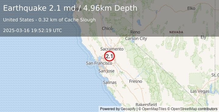 Earthquake 3 km NE of Rio Vista, CA (2.1 md) (2025-03-16 19:52:19 UTC)