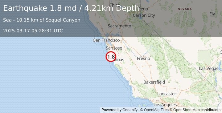 Earthquake 16 km SW of Santa Cruz, CA (1.8 md) (2025-03-17 05:28:31 UTC)