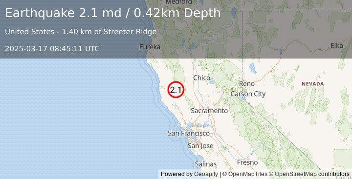 Earthquake 11 km SSW of Lake Pillsbury, CA (2.1 md) (2025-03-17 08:45:11 UTC)