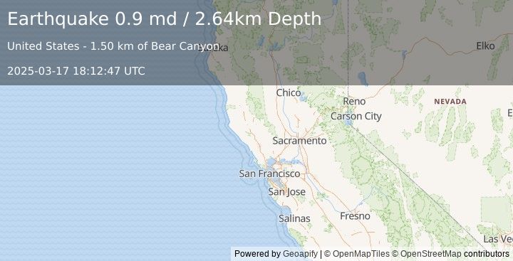 Earthquake 7 km NW of The Geysers, CA (0.9 md) (2025-03-17 18:12:47 UTC)