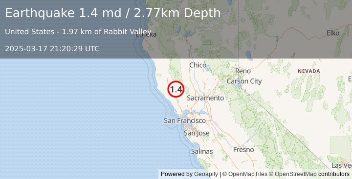 Earthquake 10 km NW of Cobb, CA (1.4 md) (2025-03-17 21:20:29 UTC)