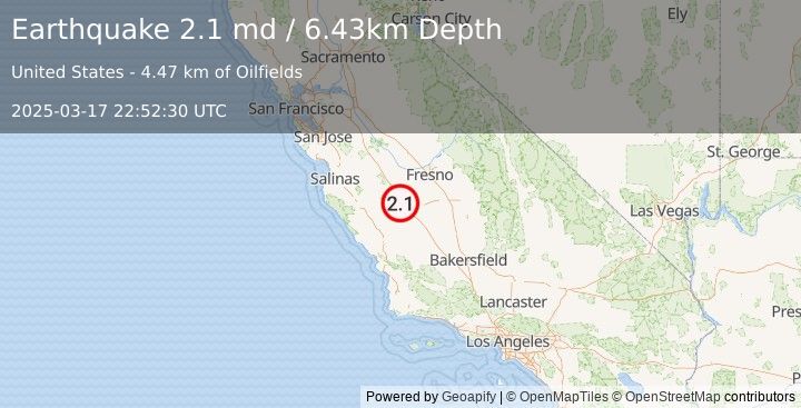 Earthquake 14 km N of Coalinga, CA (2.1 md) (2025-03-17 22:52:30 UTC)