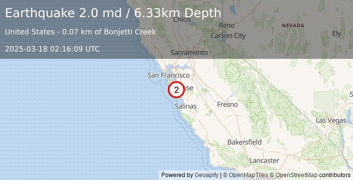 Earthquake 4 km WSW of Saratoga, CA (2.0 md) (2025-03-18 02:16:09 UTC)