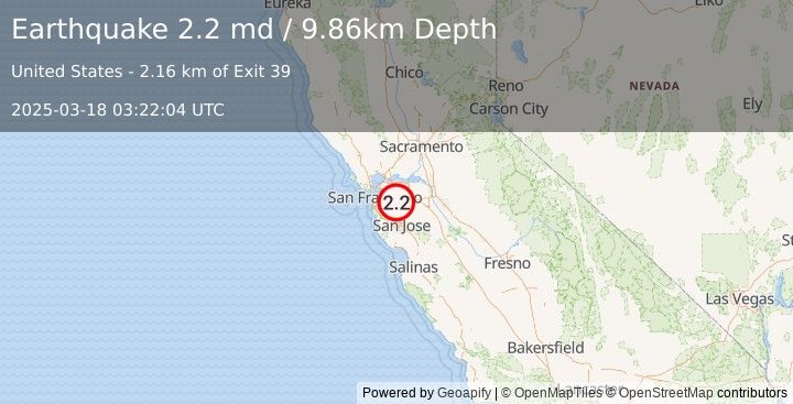 Earthquake 5 km WNW of Dublin, CA (2.2 md) (2025-03-18 03:22:04 UTC)