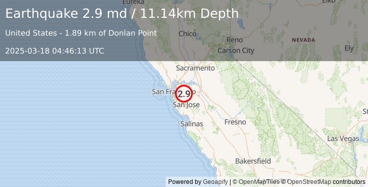 Earthquake 5 km WNW of Dublin, CA (2.9 md) (2025-03-18 04:46:13 UTC)